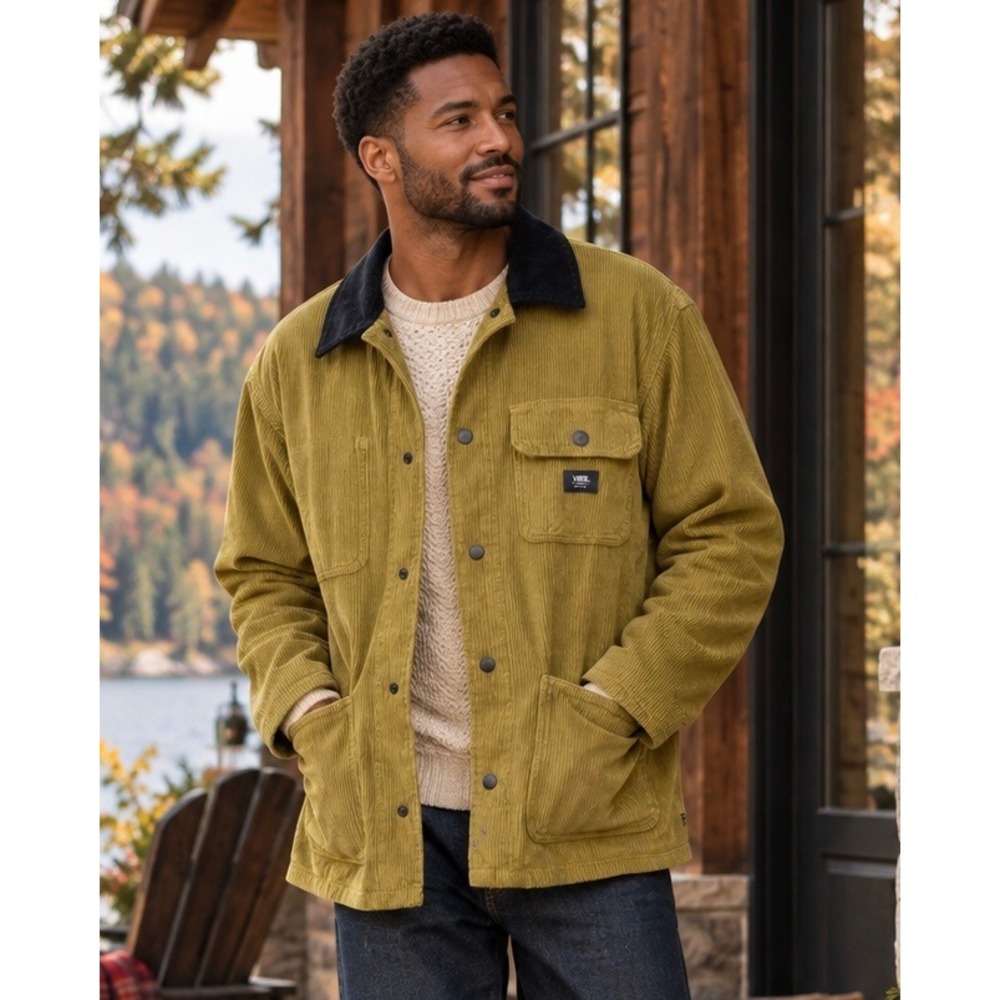 Vans Drill Chore Coat Corduroy Olive Green Black Collar Mens L Utility Cabincore